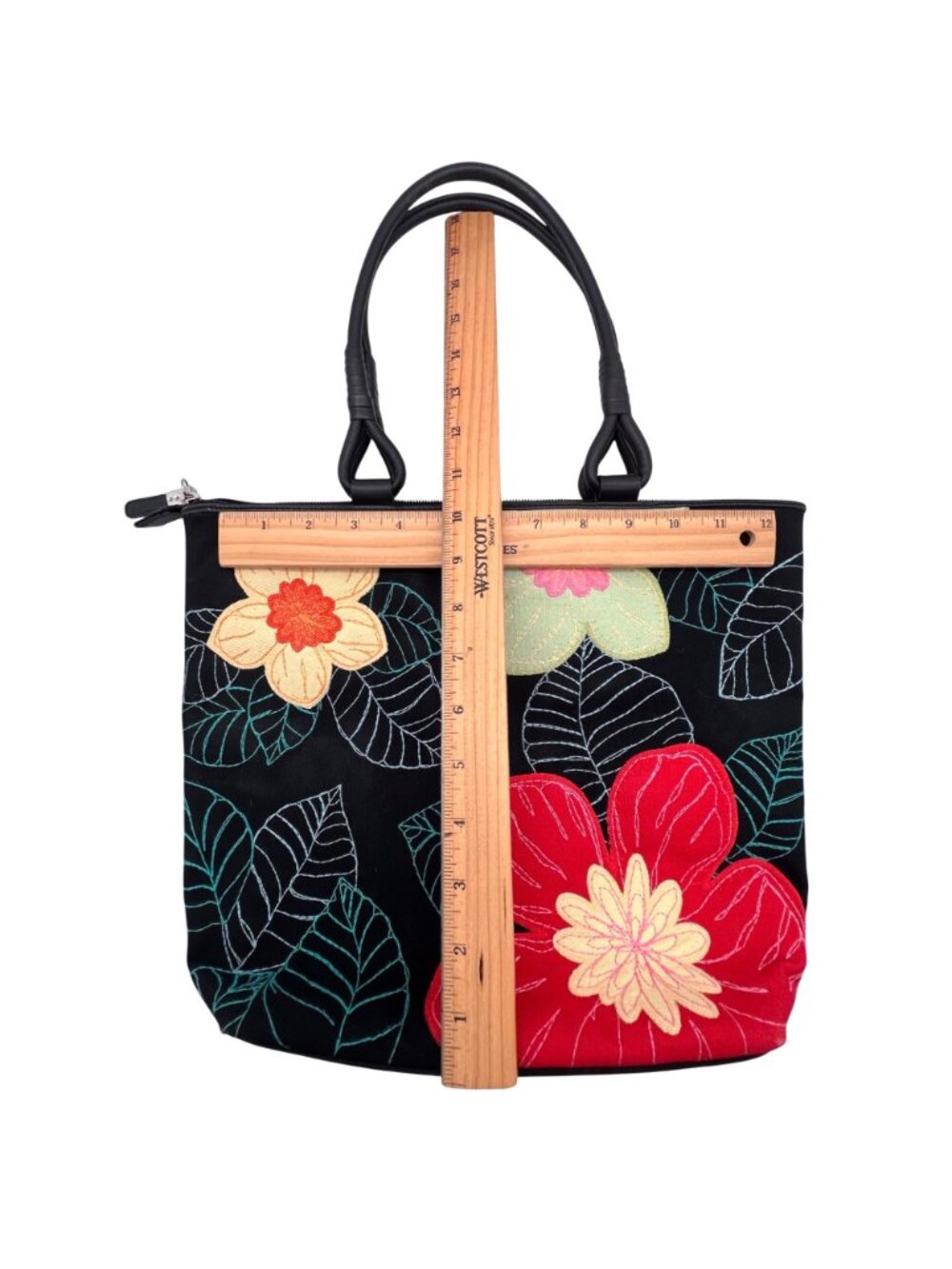Talbots Floral Embroidered Black Tote Bag With Red & Yellow Flowers 11"x10"x5" - Picture 4 of 14